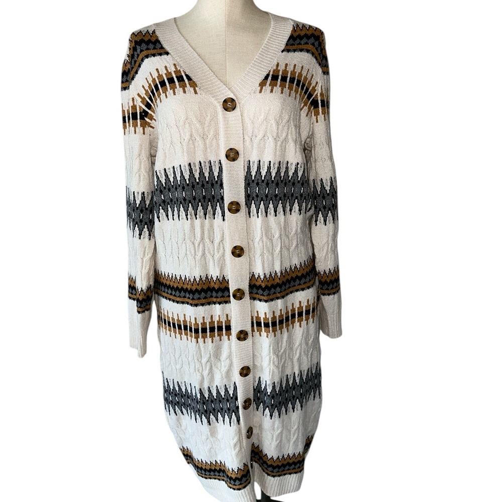 NWT LUCKY BRAND  Geometric Cardigan Sweater Dress In Cream/black /Tan 1X - Picture 4 of 9